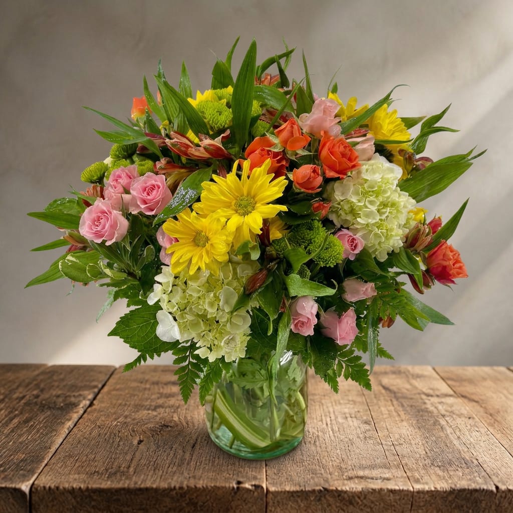 Mixed bouquet of pink and orange roses with yellow daisies in a glass vase