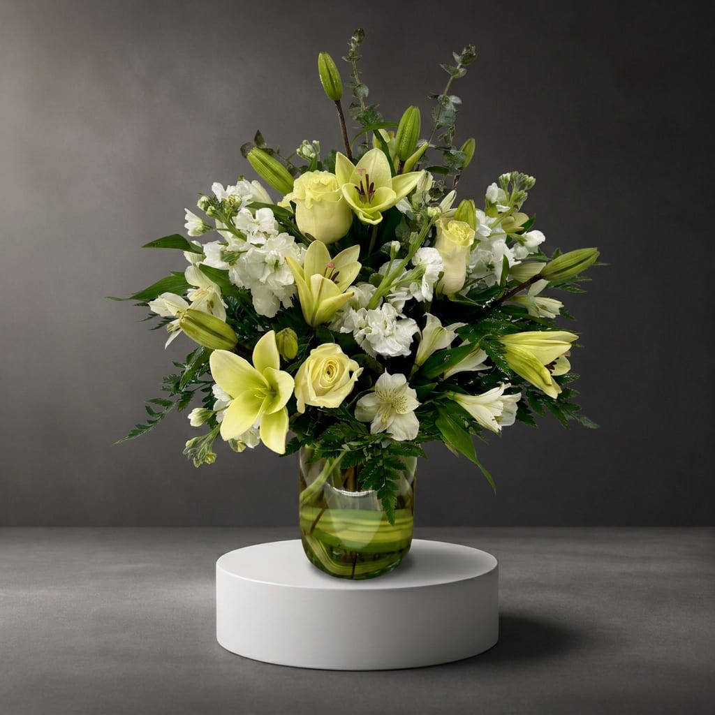 White and pale yellow floral arrangement in a glass vase