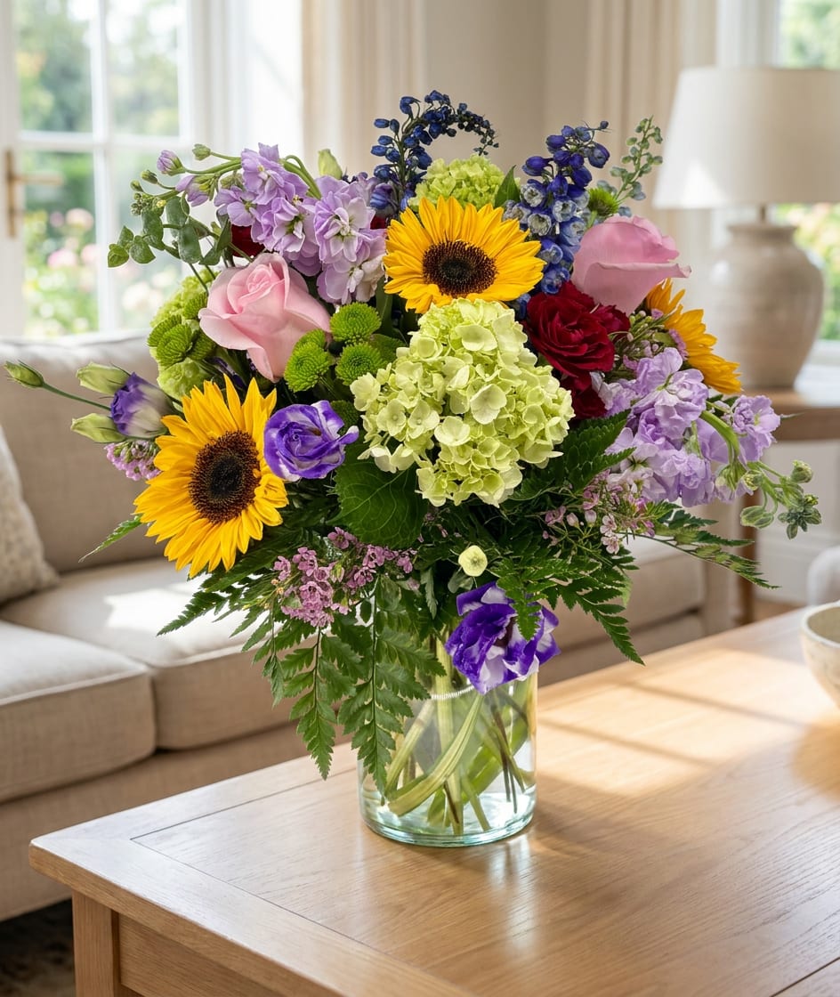 Mixed bouquet with sunflowers, roses, hydrangea, and purple blooms in a glass vase