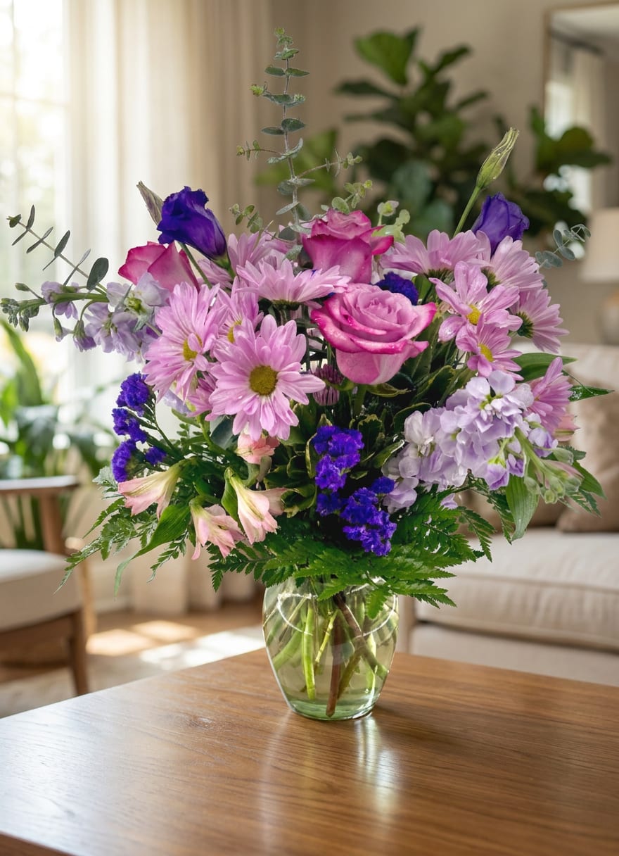 Pink and purple mixed bouquet in a clear glass vase