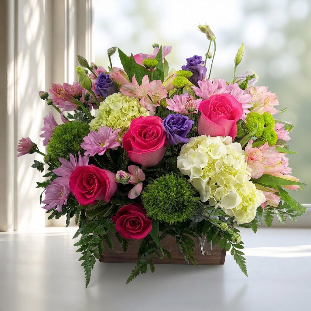 Mixed bouquet of pink and purple flowers in a low rectangular container