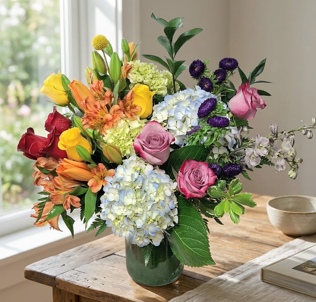 Mixed bouquet of roses, hydrangeas, and alstroemeria in a glass vase