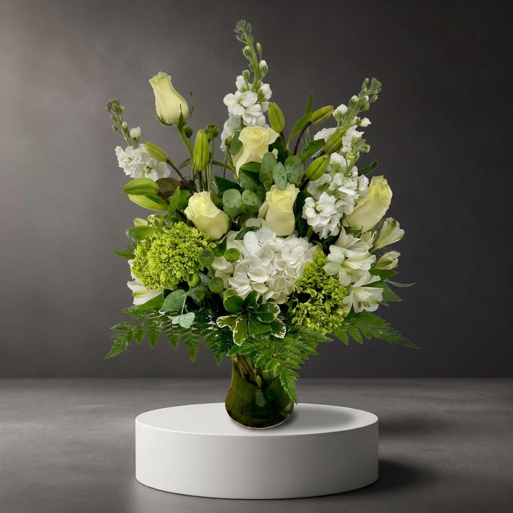 White and pale yellow flowers arranged in a green glass vase