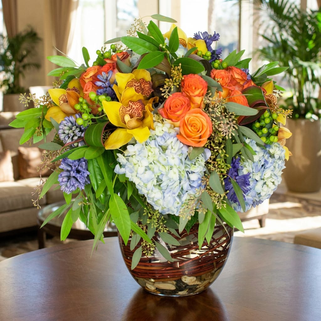 Mixed bouquet of orange roses, yellow orchids, and blue hydrangeas in a glass vase