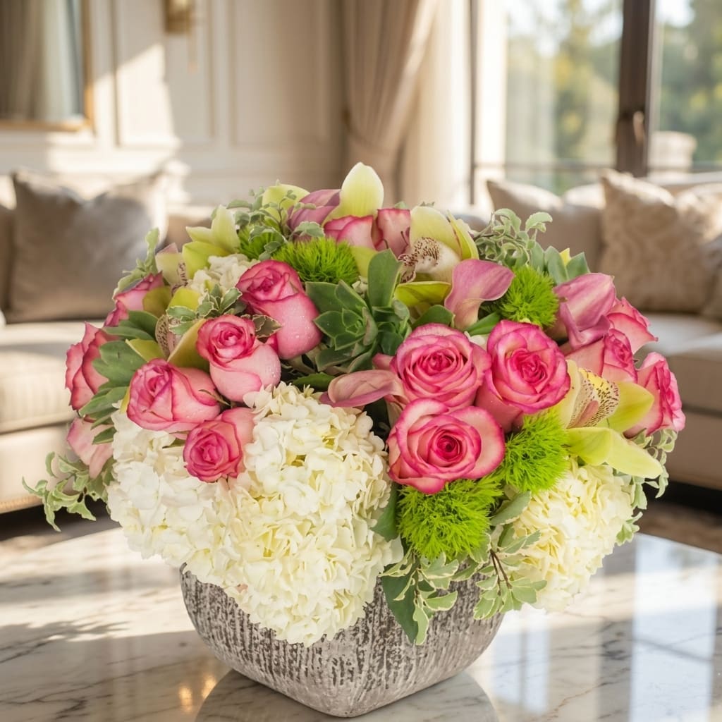 Pink roses and white hydrangeas in a textured vase