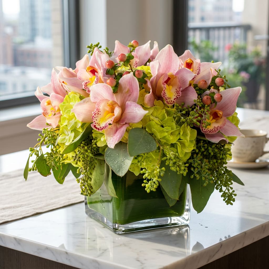 Pink orchids and green hydrangeas in a glass vase