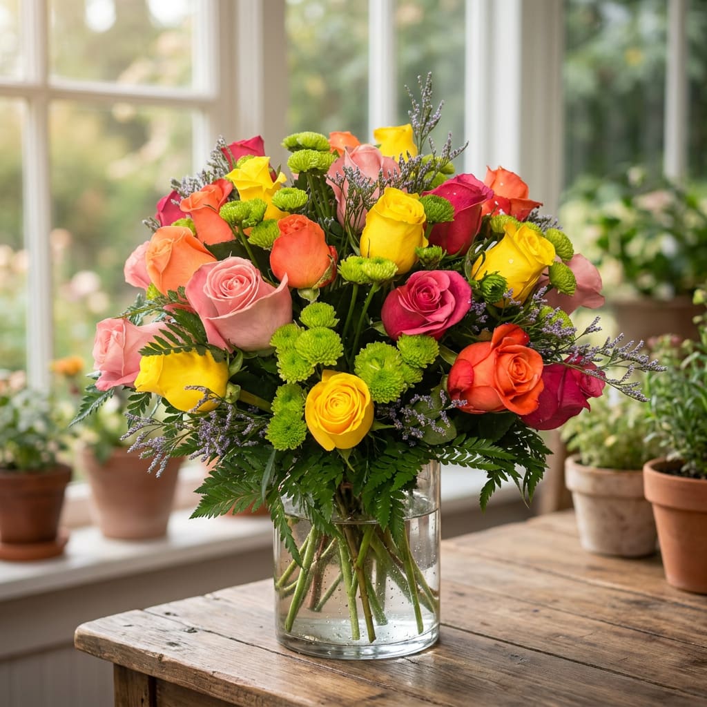 Mixed bouquet of colorful roses in a clear glass vase