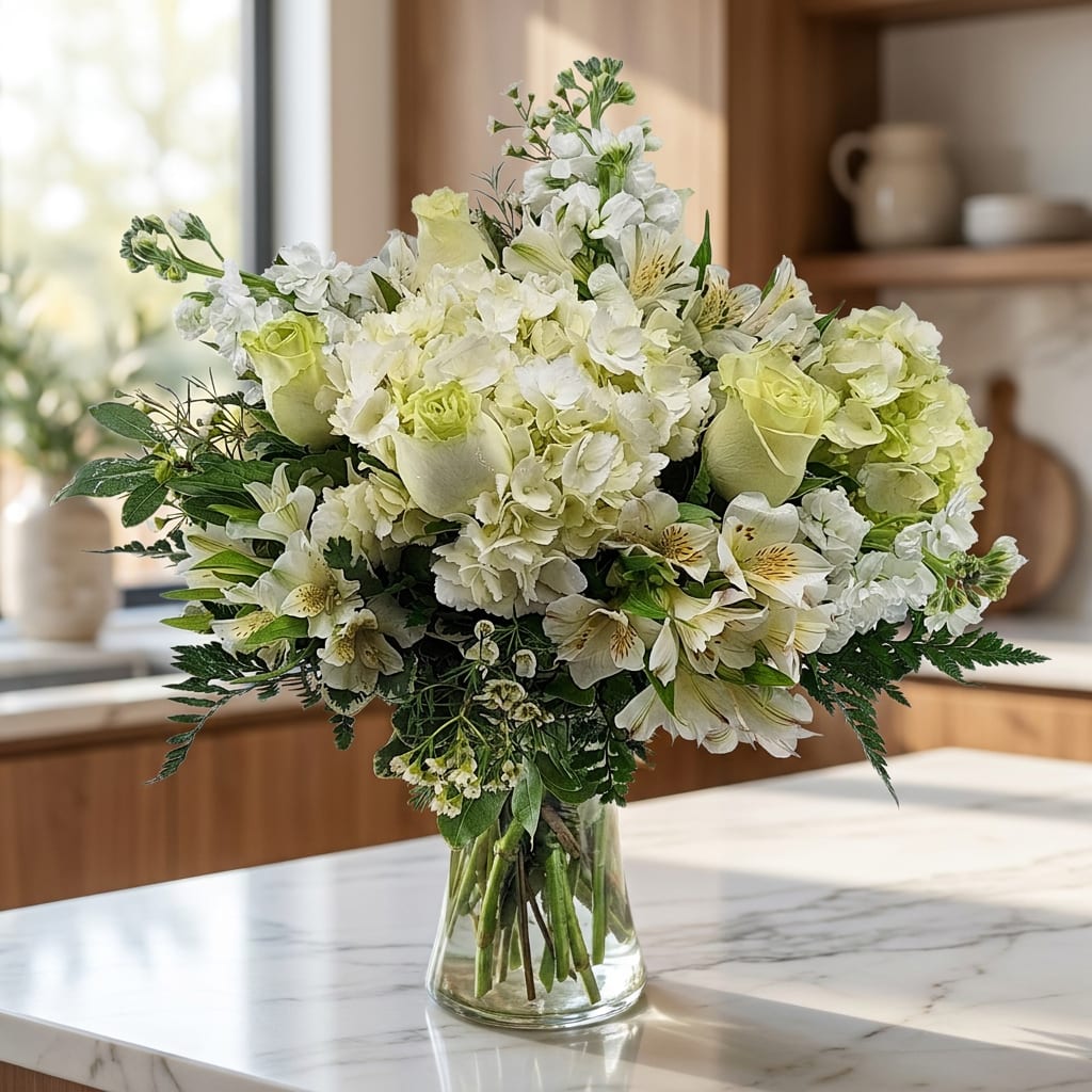 White and pale green bouquet in a clear glass vase