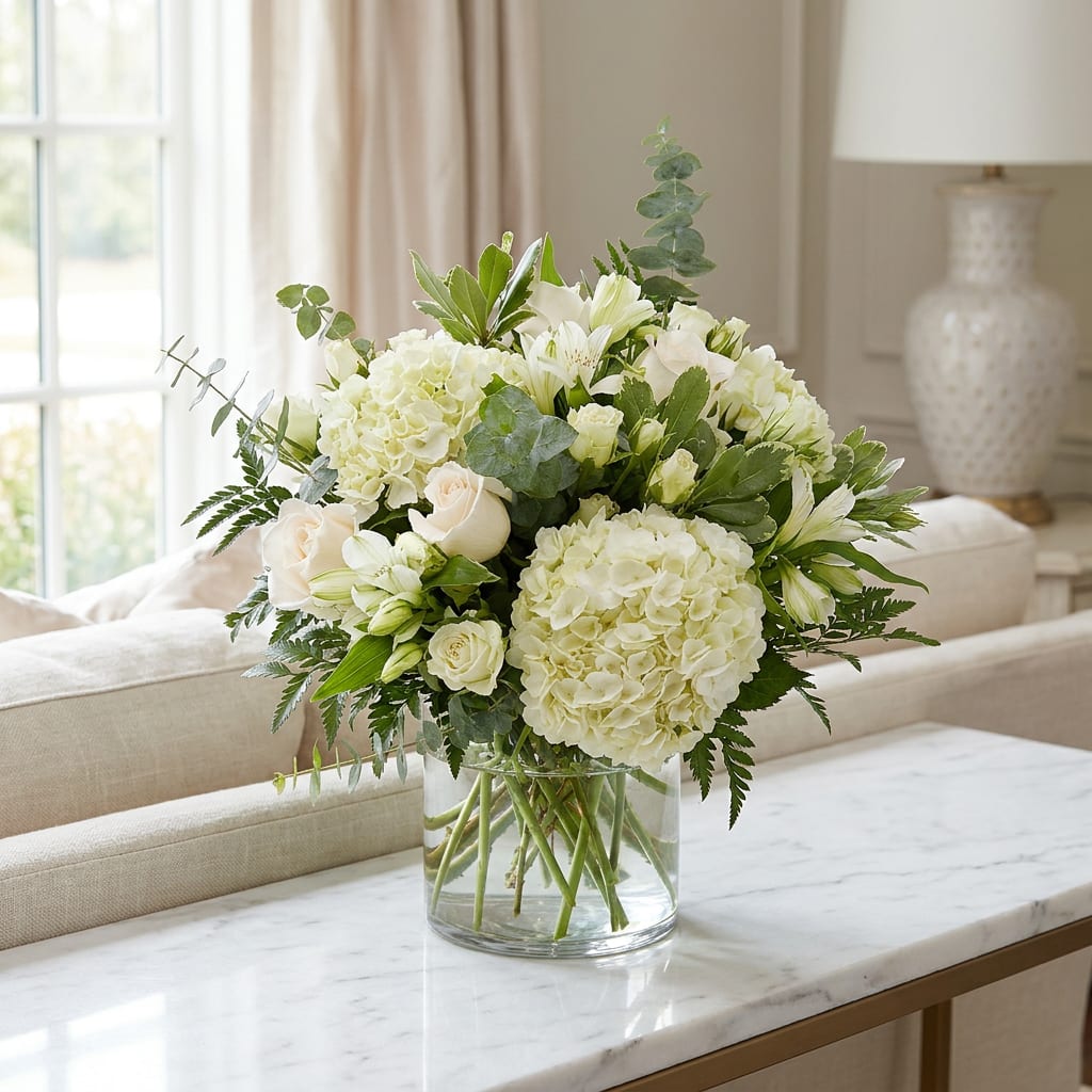 White floral arrangement in a clear glass vase