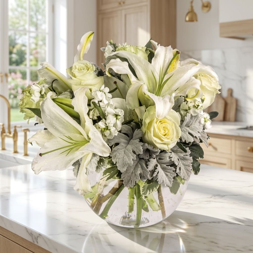 White lilies and pale roses in a clear glass vase