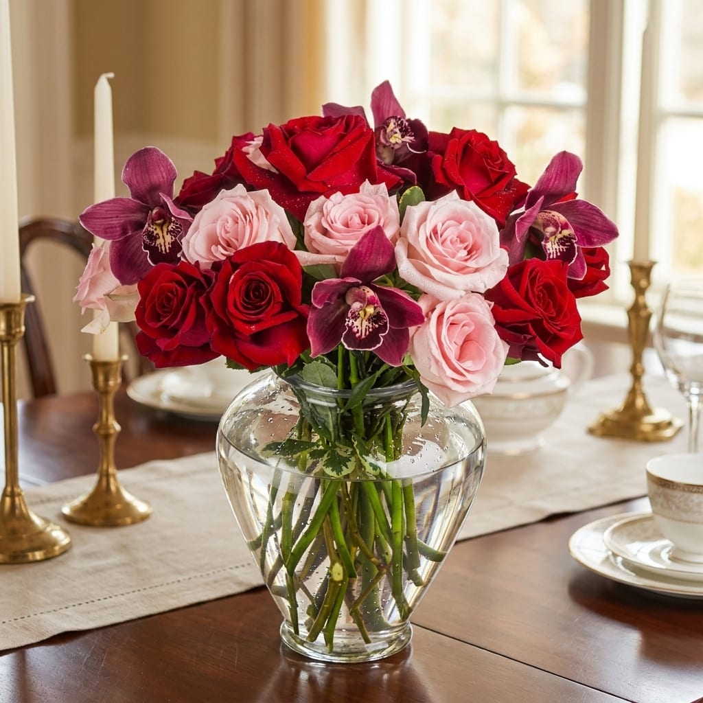 Red and pink roses with purple orchids in a clear glass vase