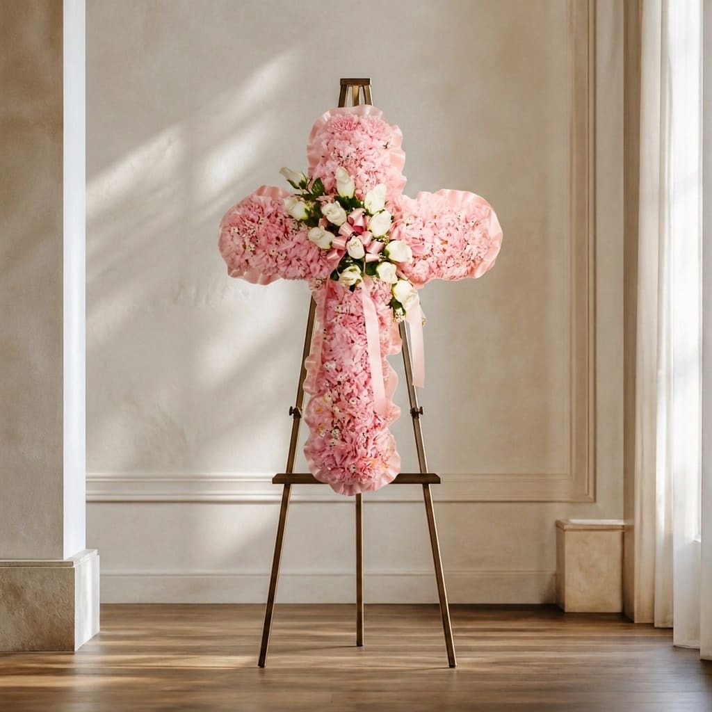 Pink floral cross arrangement on a stand with a ribbon bow