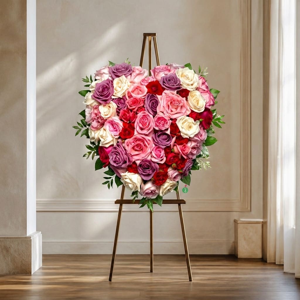 Heart-shaped rose arrangement on a stand with pink, red, purple, and cream blooms