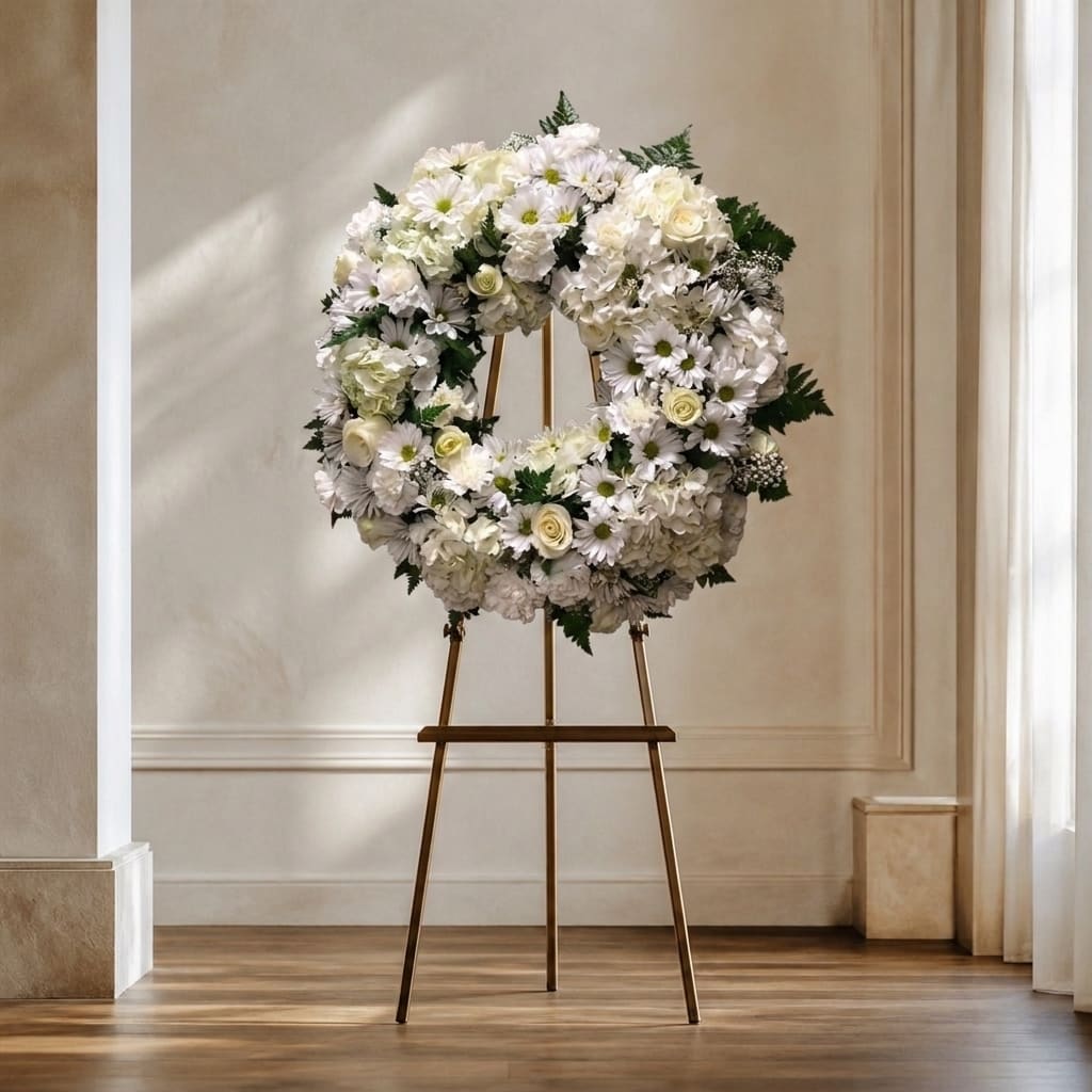 White floral wreath on a gold easel stand