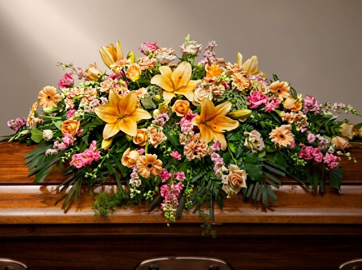 Large casket spray with yellow lilies, pink roses, and peach daisies
