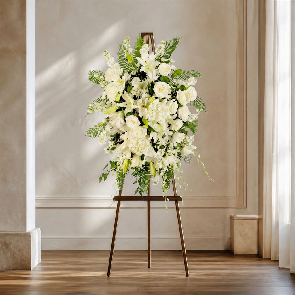 White floral arrangement on a wooden easel stand