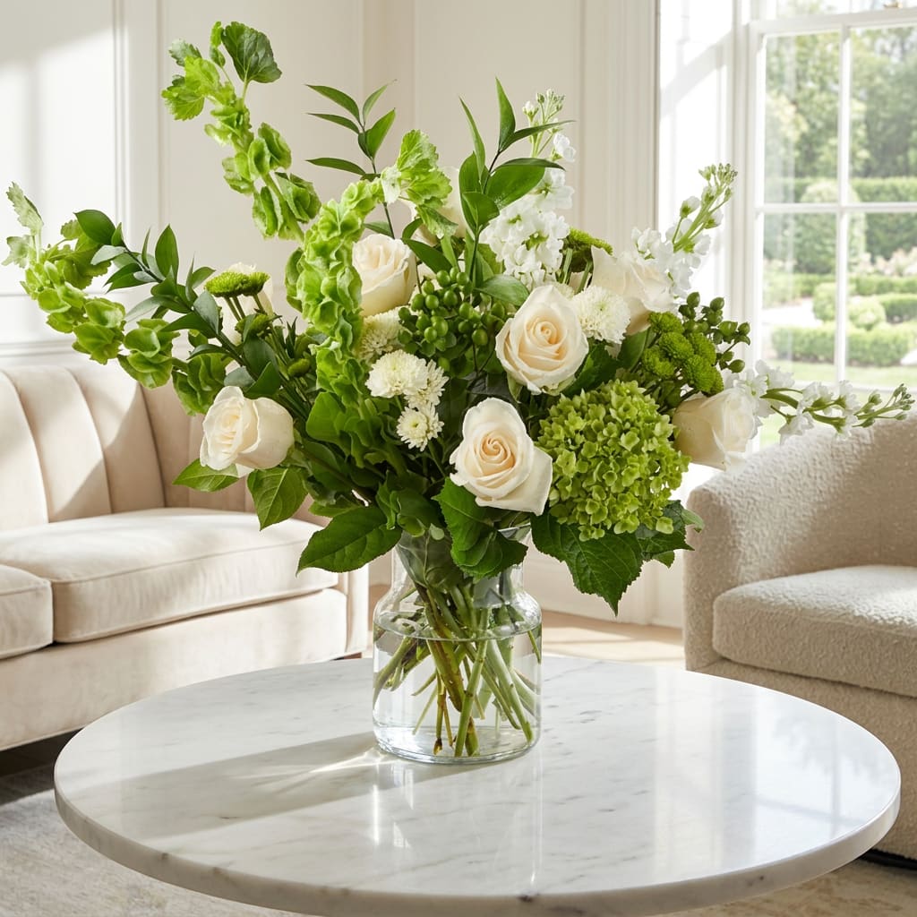 White roses and green flowers in a clear glass vase