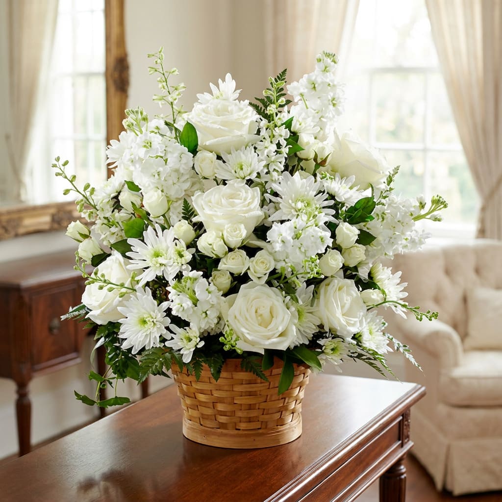 White roses and daisies arranged in a woven basket