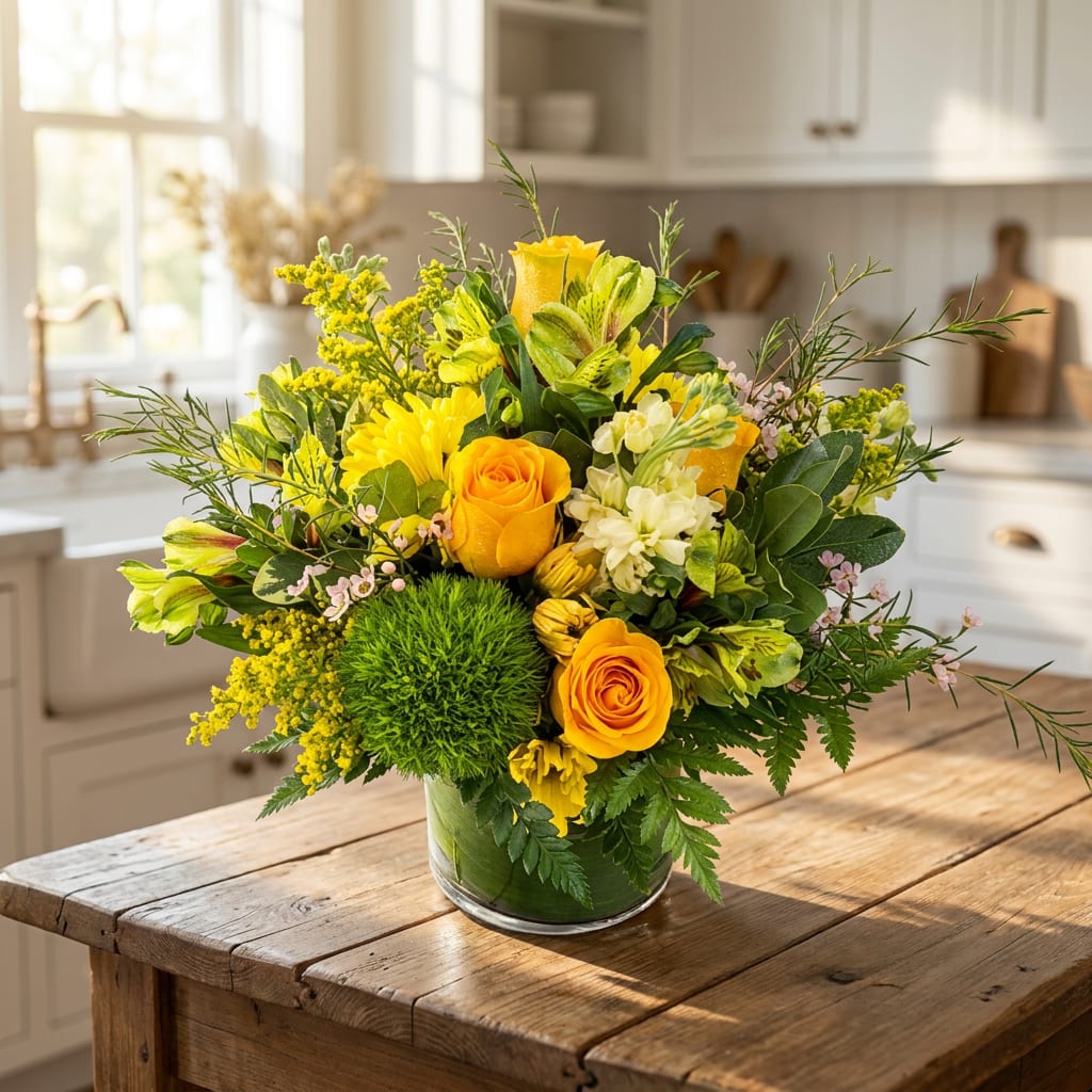 Yellow and orange flower arrangement in a clear glass vase