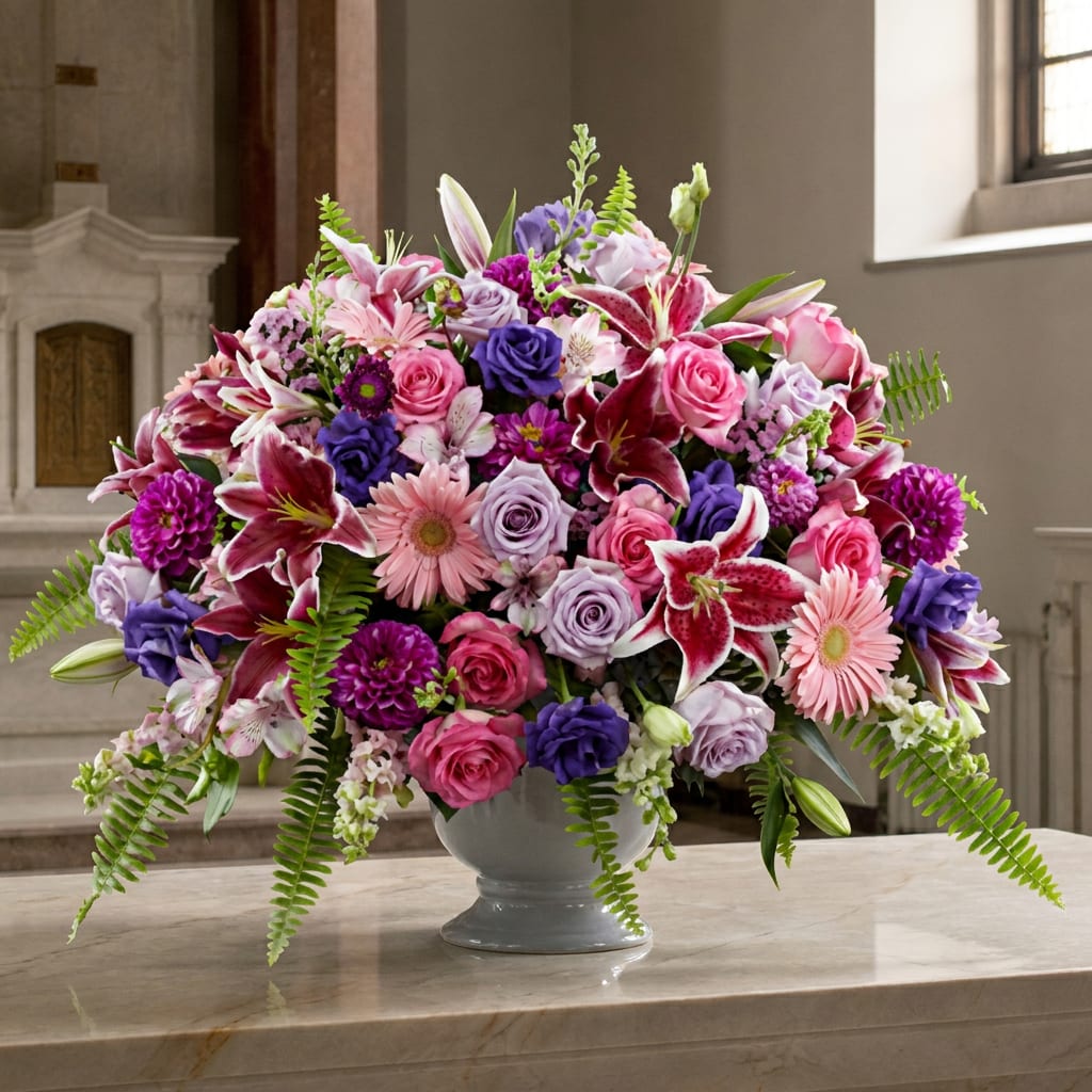 Large mixed bouquet of pink, purple, and white flowers in a gray vase