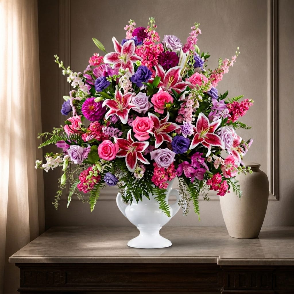 Large bouquet of pink, purple, and white flowers in a white vase