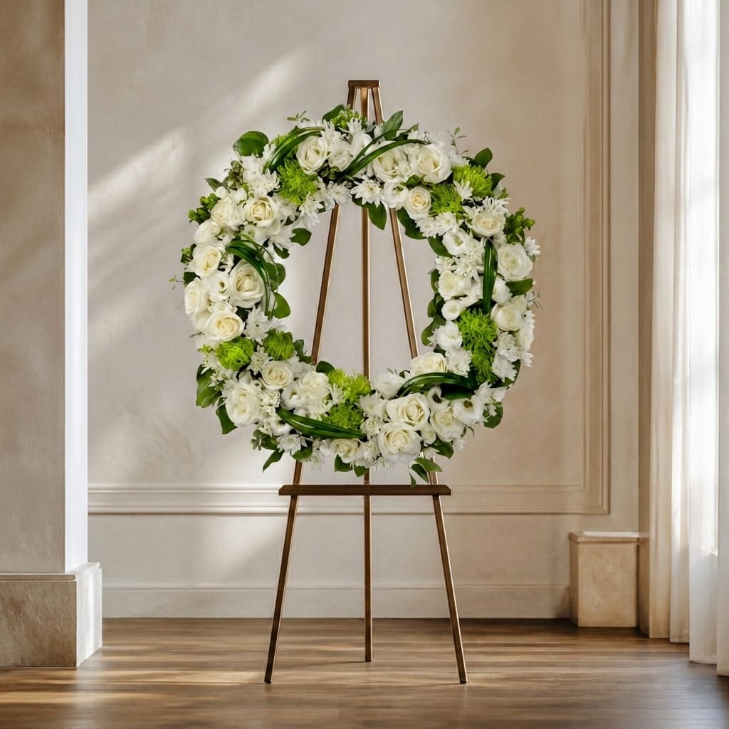 White floral wreath on a wooden easel in a bright room