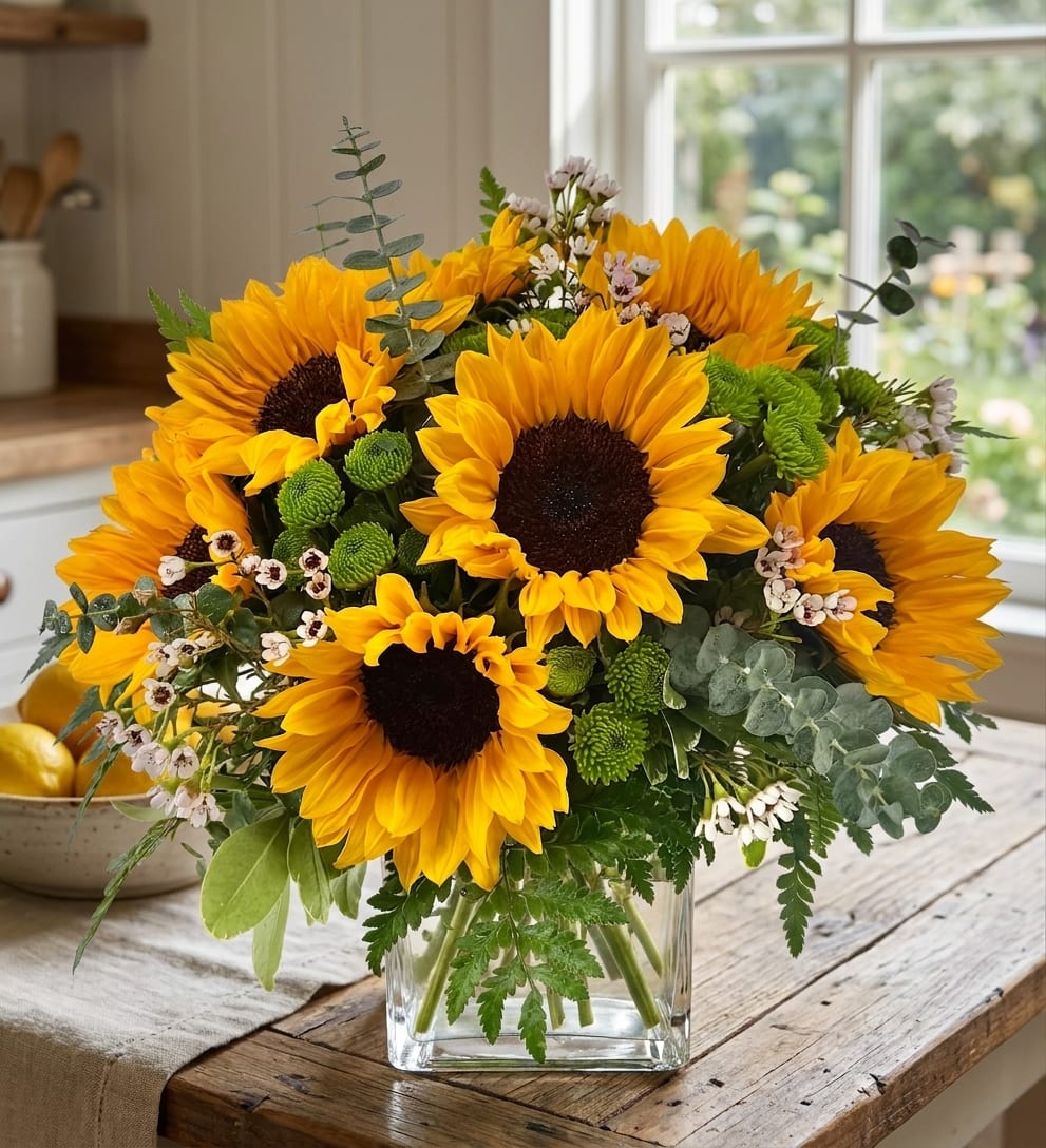 Sunflower bouquet in a clear glass vase with mixed greenery