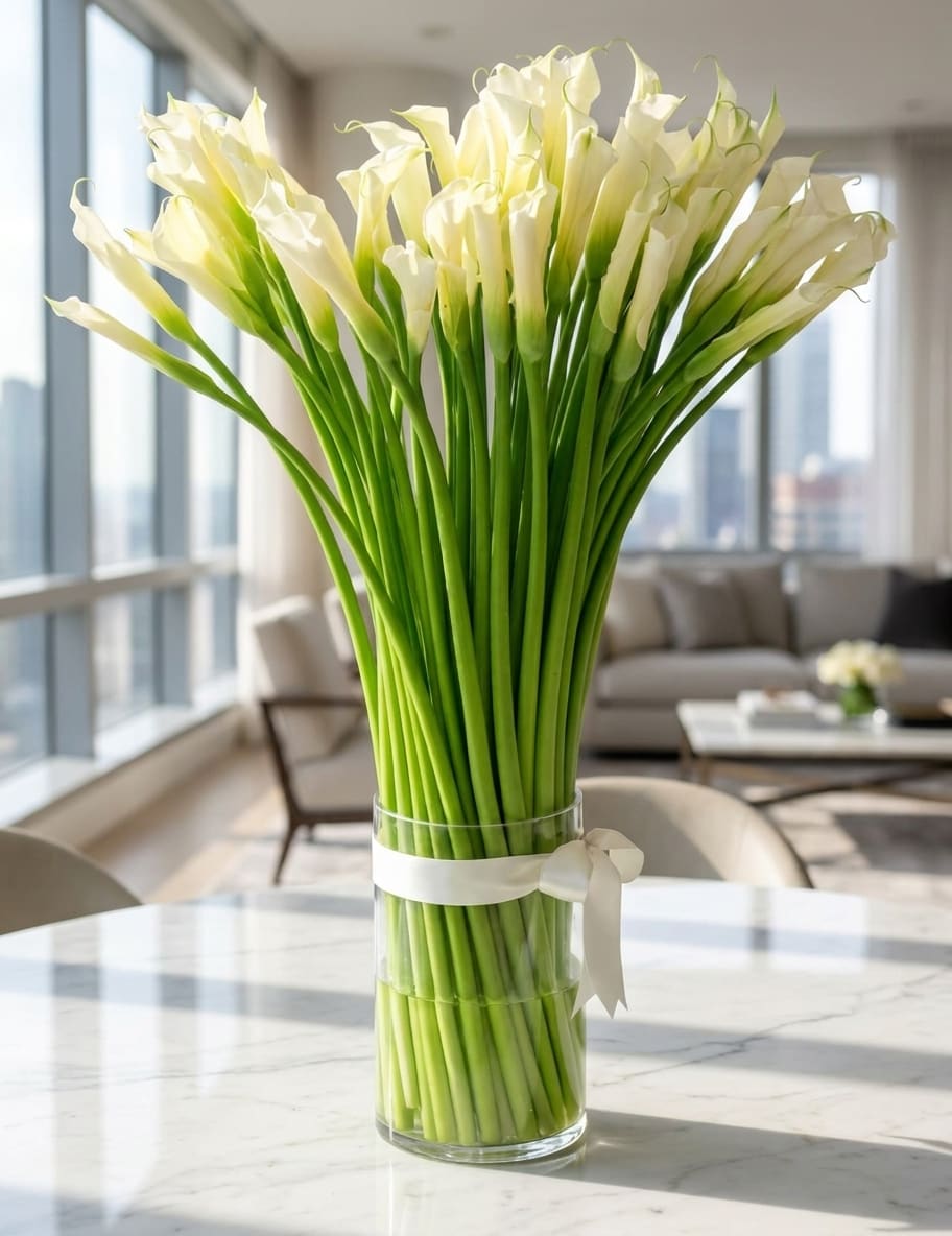 Tall bouquet of white calla lilies in a clear glass vase with a ribbon