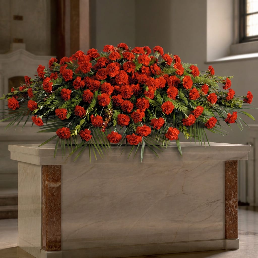 Large red carnation arrangement on a stone pedestal