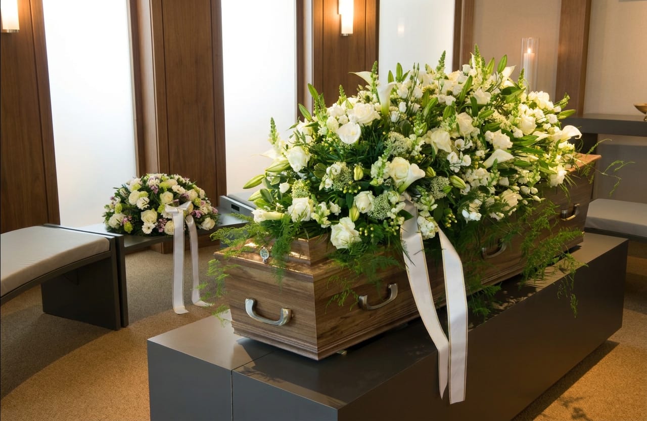 White floral casket spray on a wooden casket with a matching smaller arrangement nearby.