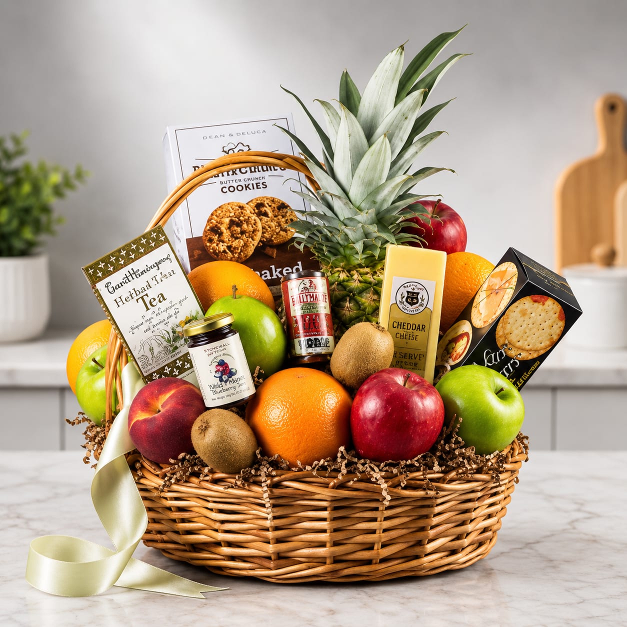 Gift basket with fruit, snacks, and a pineapple centerpiece