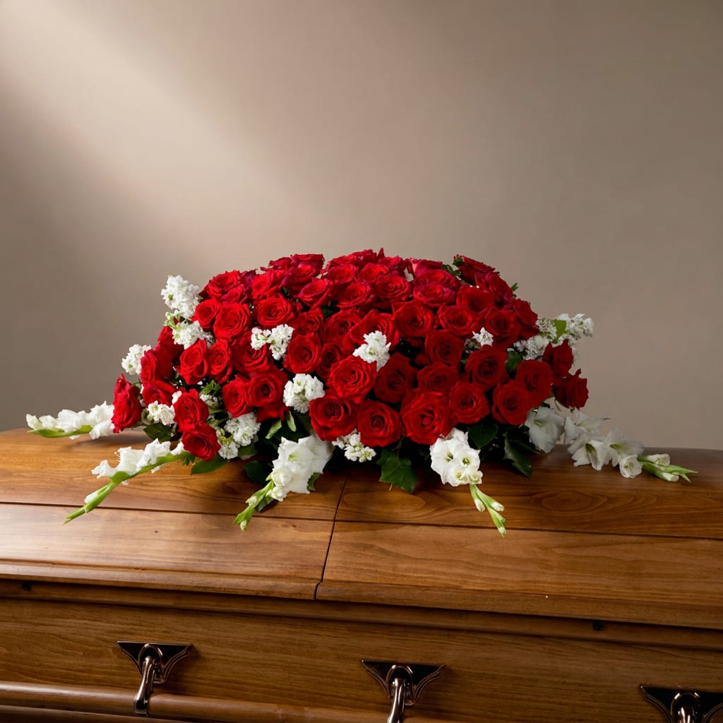 Red rose casket spray with white flowers on a wooden casket