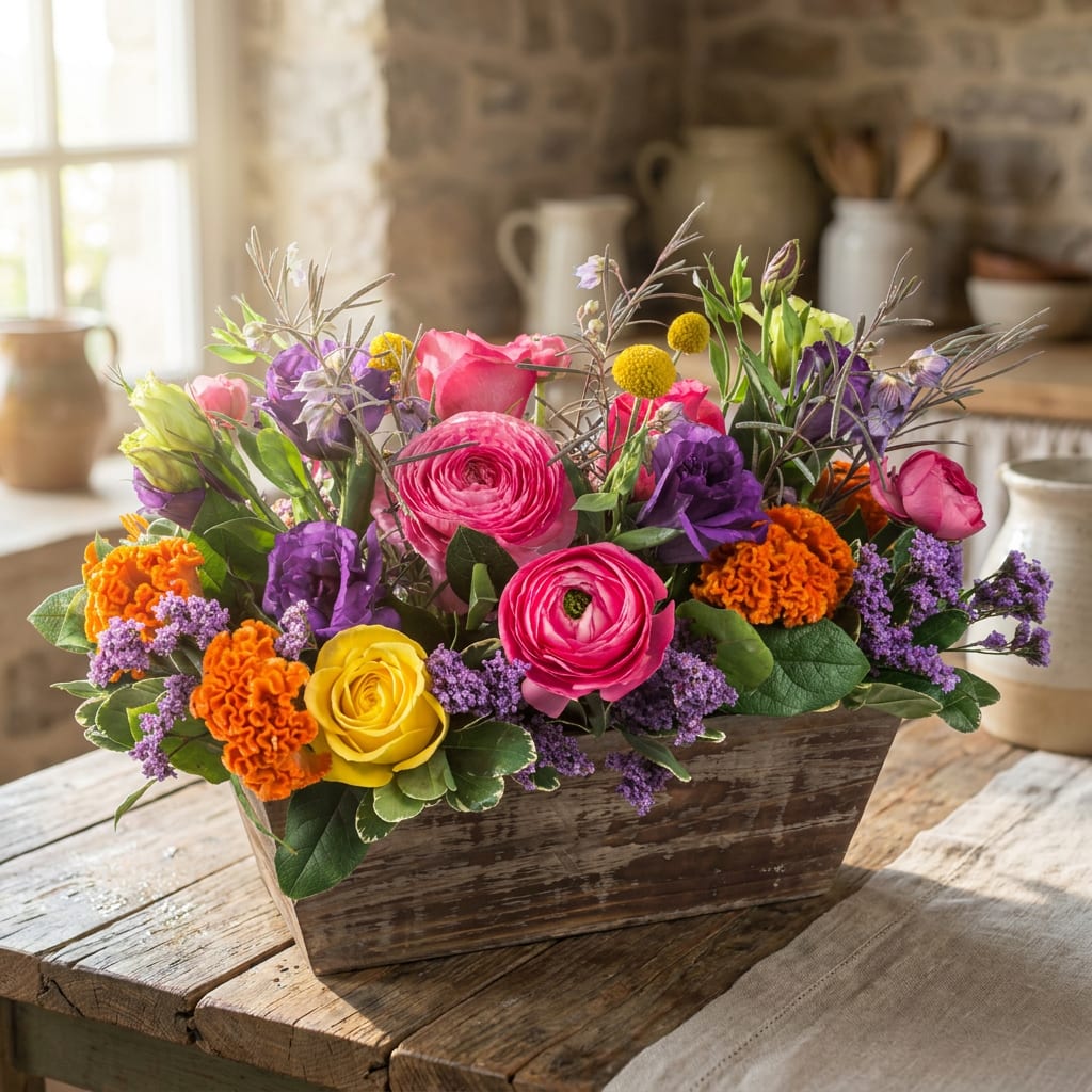 Colorful mixed flower arrangement in a rustic wooden box