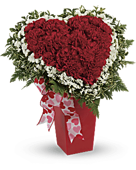 Teleflora's Heart and Soul  - Send someone this soulful floral gift and there’ll be no mistaking that you’re giving them your heart! A heart made entirely of red carnations is nestled in a cloud of baby’s breath and ferns and presented in a tall red vase adorned with a pretty ribbon. Red carnations and white Million Star gypsophila accented with fern are delivered in a red vase decorated with a satin ribbon.