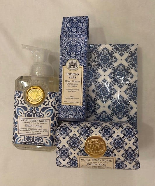Indigo Seas hand soap and hand cream gift set with patterned packaging
