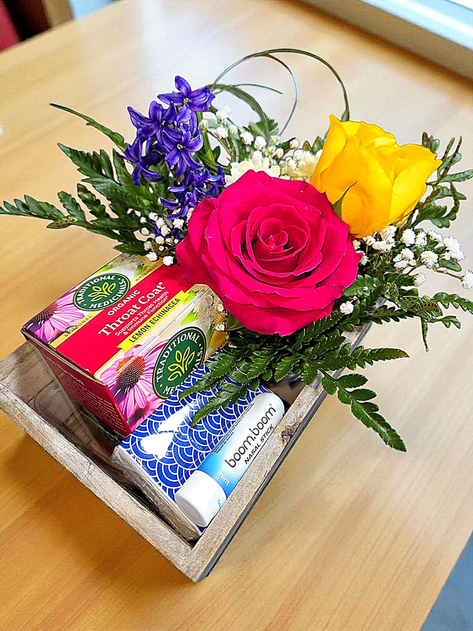 Get Well - Because I Care Package - Know someone that's down with an illness? This time of year I think we all do. Have one of these care baskets delivered to their door. Not only will it brighten their day, but also help them recover. Included is a box of Sore Throat tea, two packs of tissue, and a menthol inhaler for stuffy noses.  Tell someone you care. 