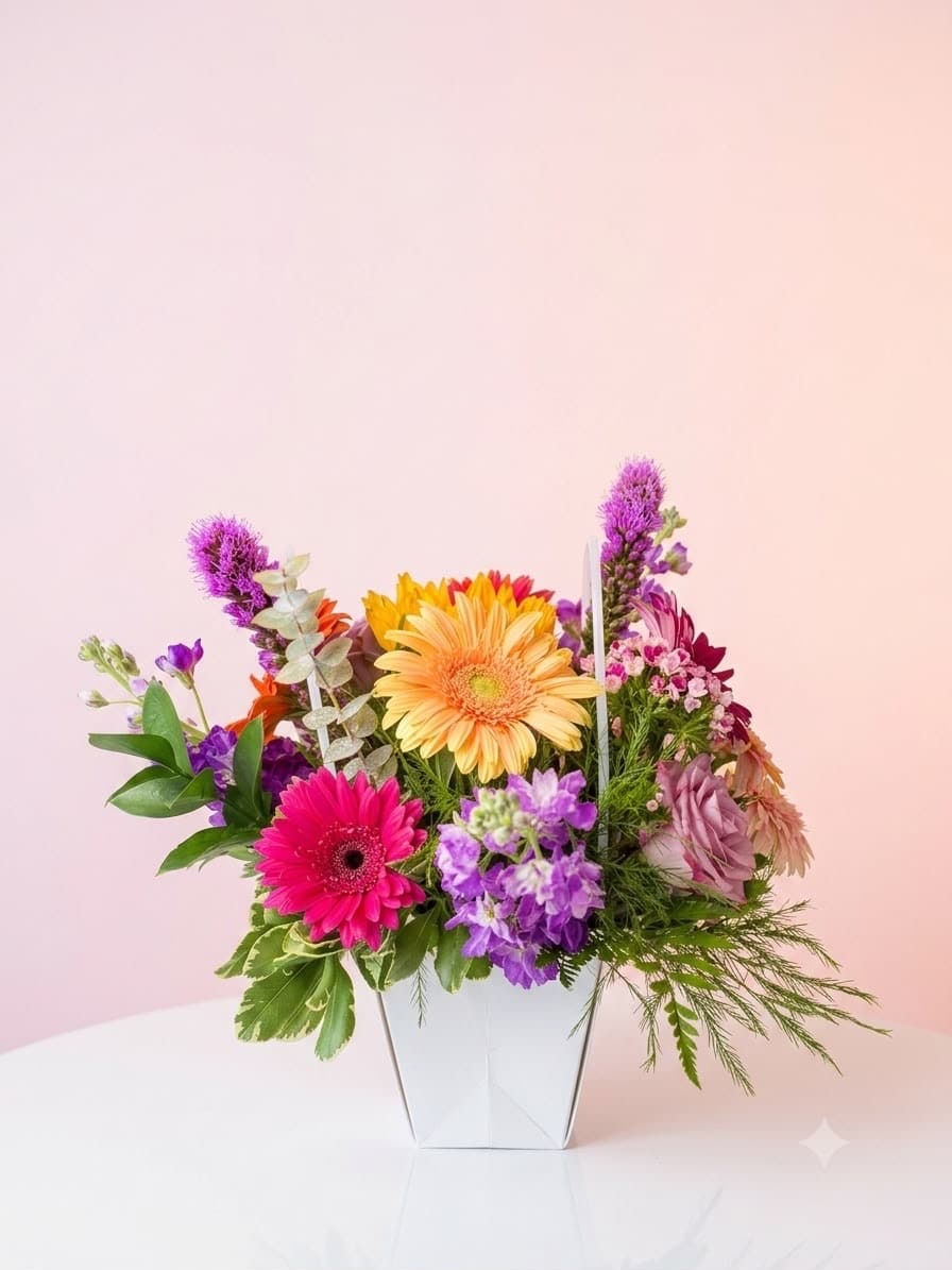 Colorful mixed flower arrangement in a white vase