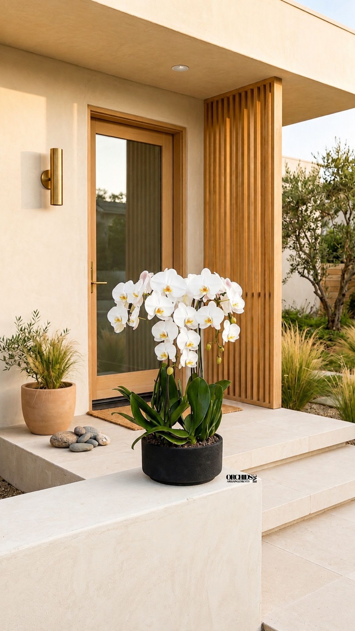 Premium White Six Swan Cascade Orchid Arrangement - Premium White Six Swan Cascade Orchid Arrangement with a Black Vase 12” x 6”.