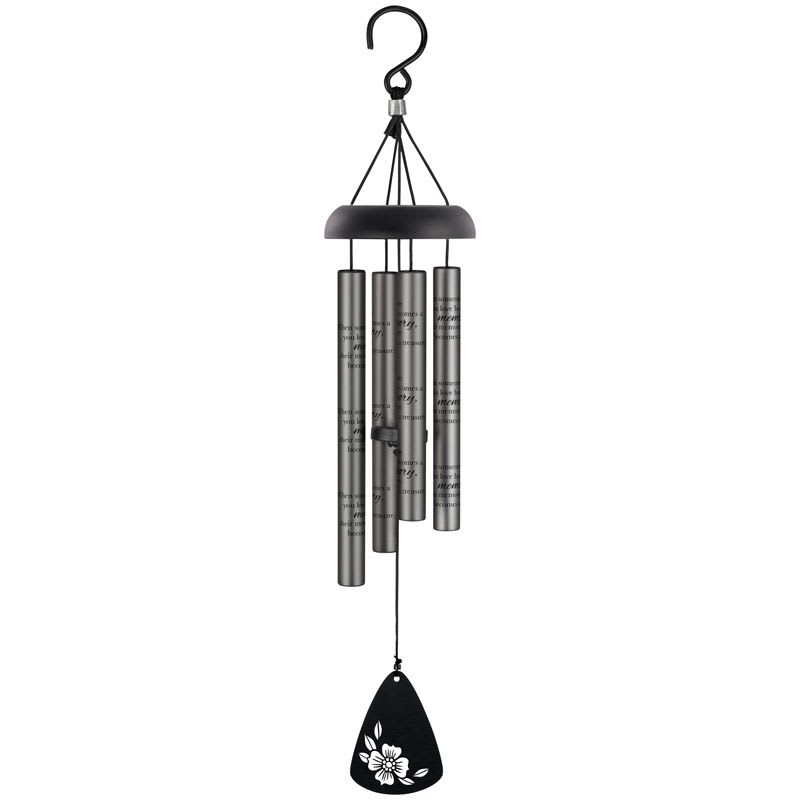 Metal wind chime with silver tubes and black sail featuring a white flower graphic