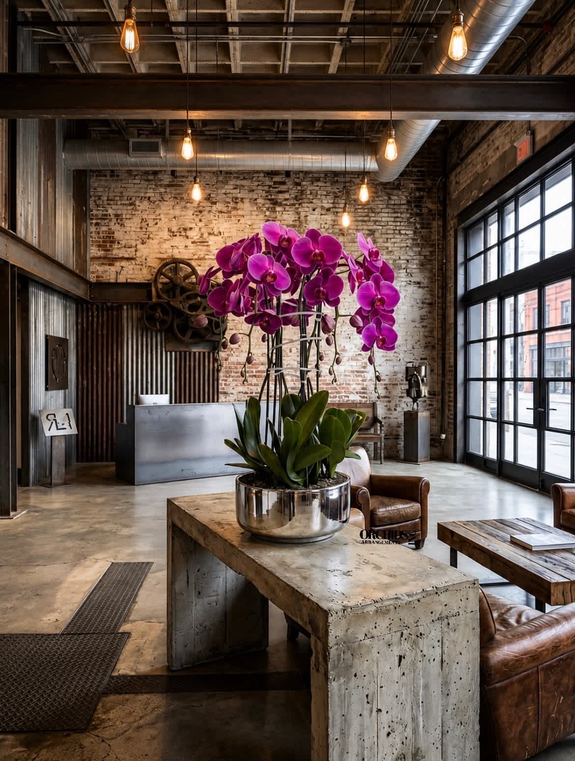 Potted purple orchids in a metallic planter on a concrete table