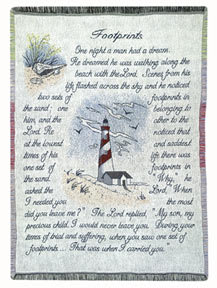 Decorative wall hanging with a lighthouse scene and printed text