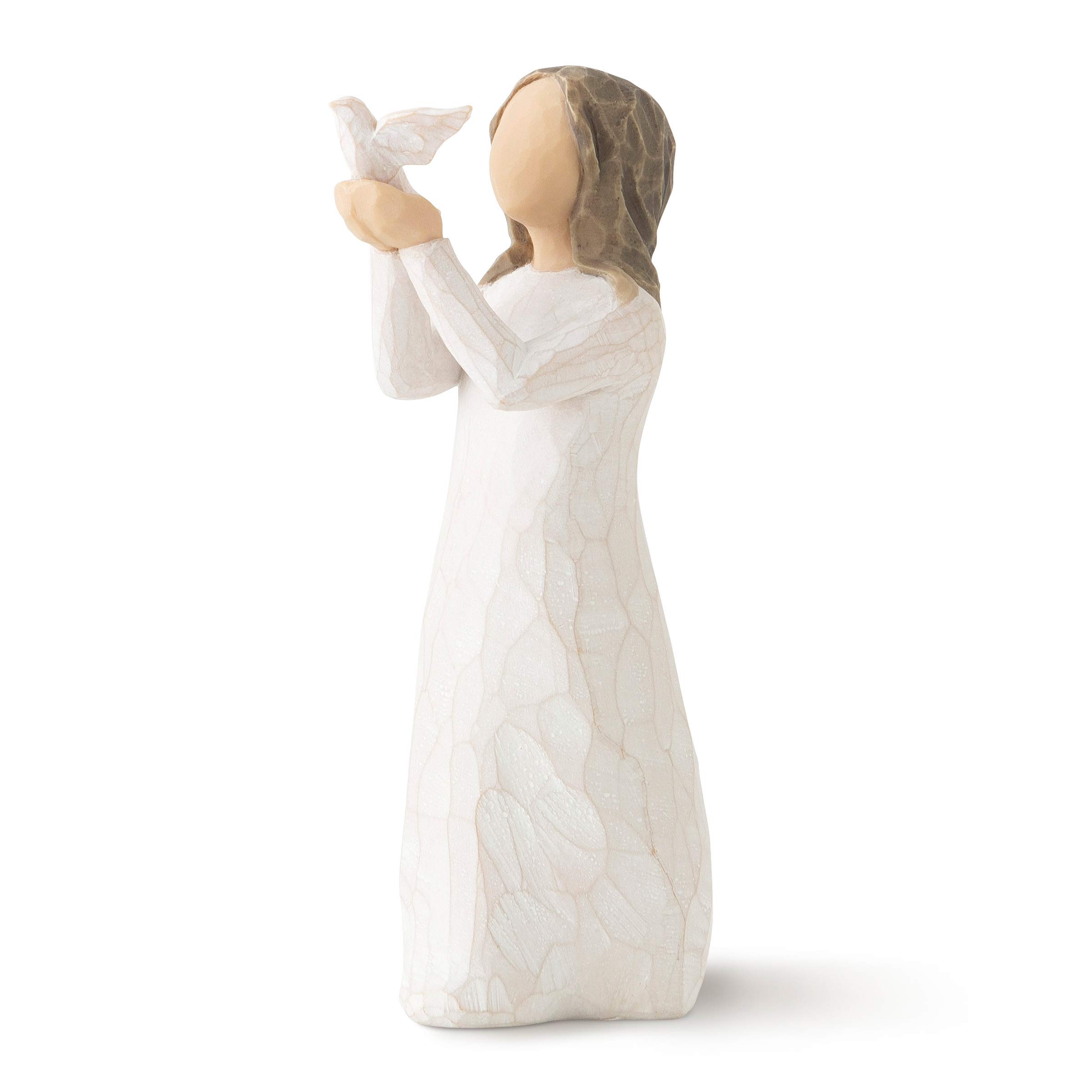 Angel figurine in a white dress holding a small bird