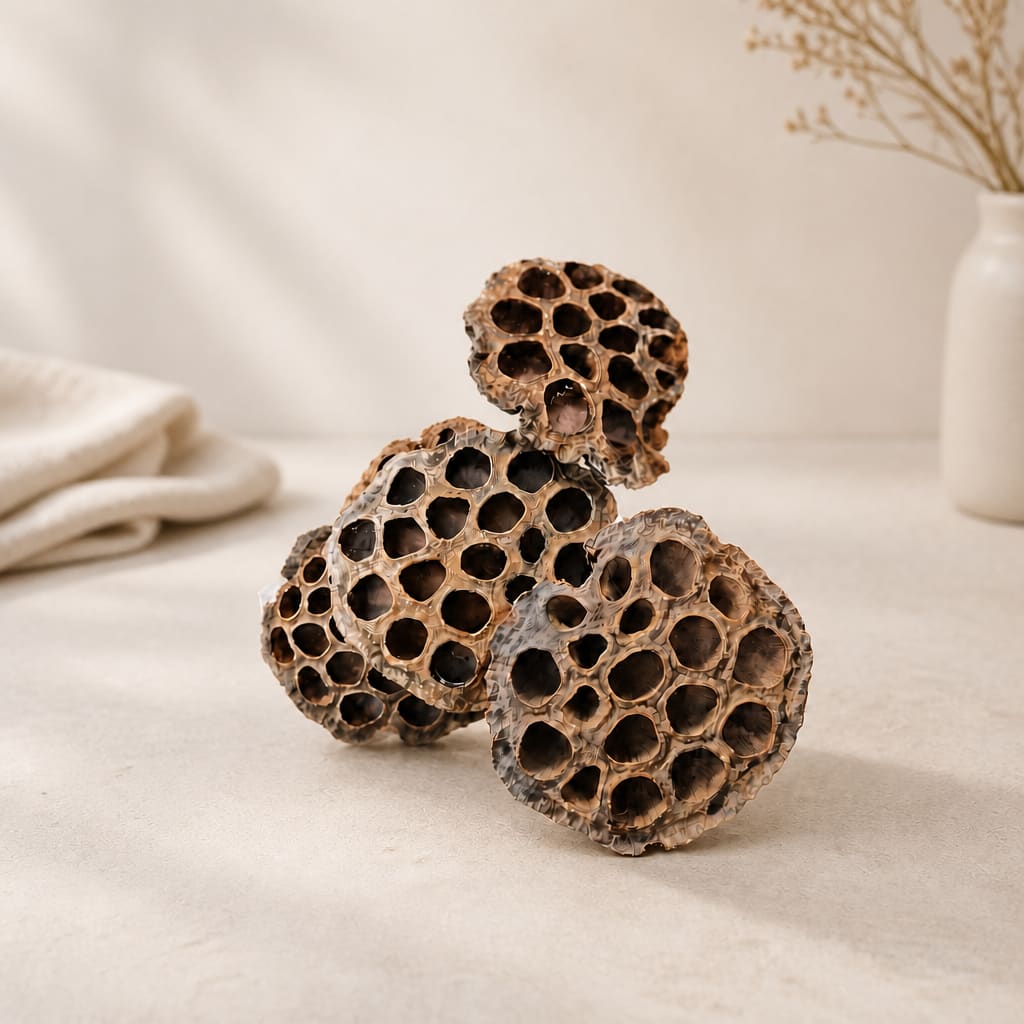 Three dried seed pods arranged on a neutral tabletop