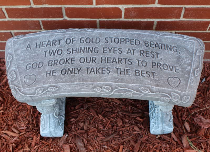 A Heart of Gold Concrete Bench - “A heart of gold stopped beating, two shining eyes at rest, God broke our hearts to prove he only takes the best.” Memorial benches for grieving friends and family. 27”
