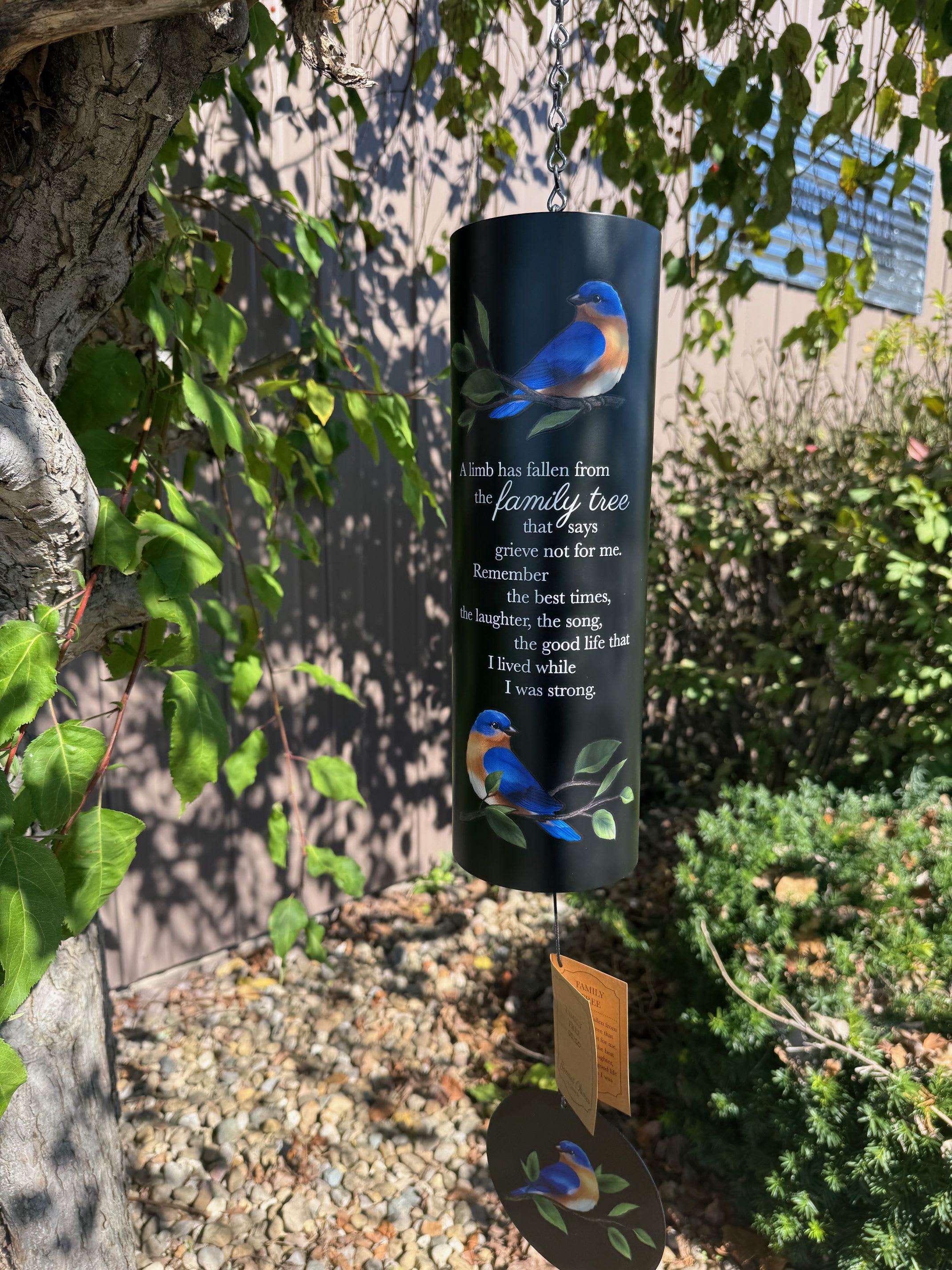 Black memorial wind chime with blue birds and a sympathy poem