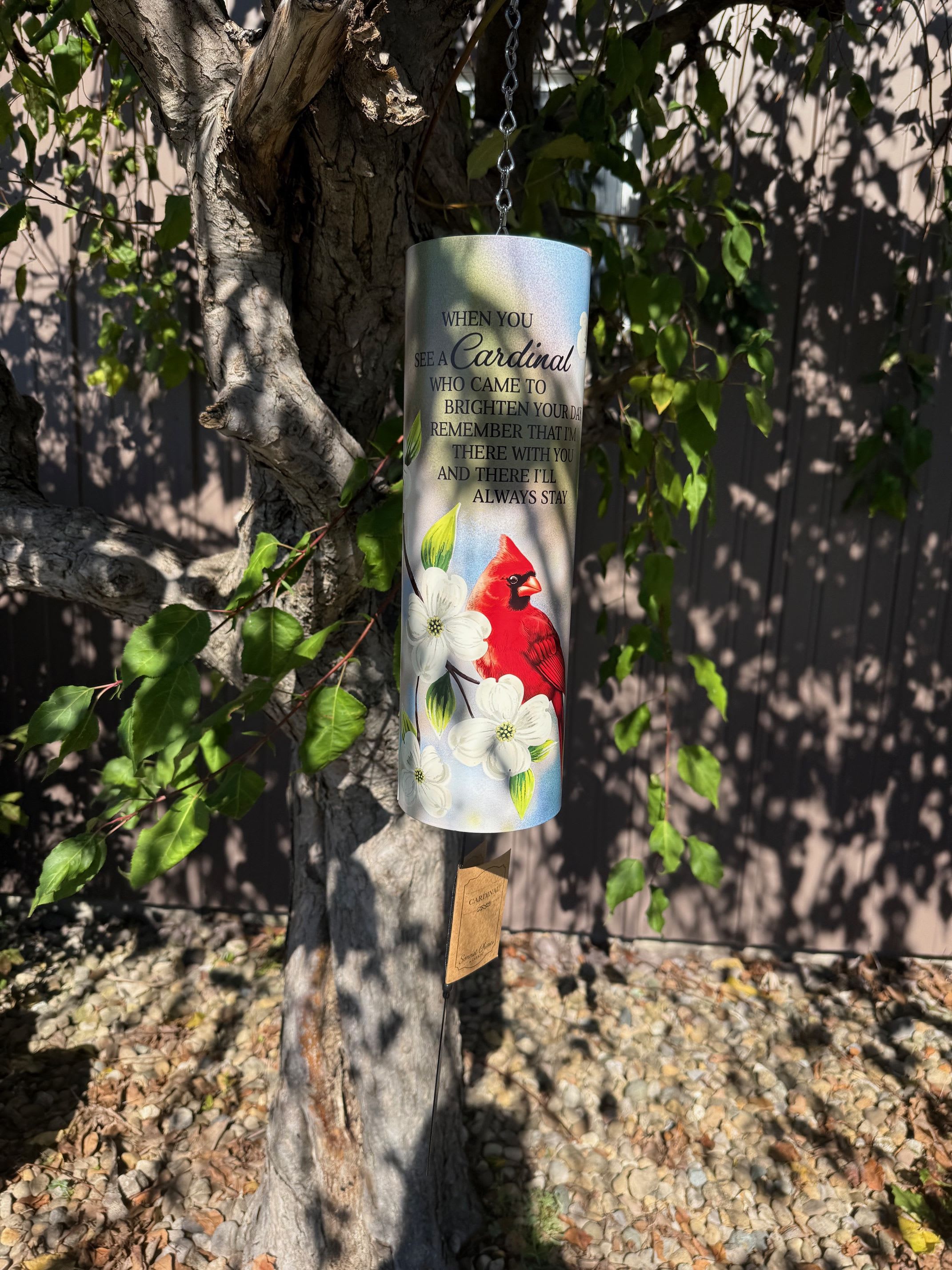 Hanging memorial wind chime with a cardinal and white flowers
