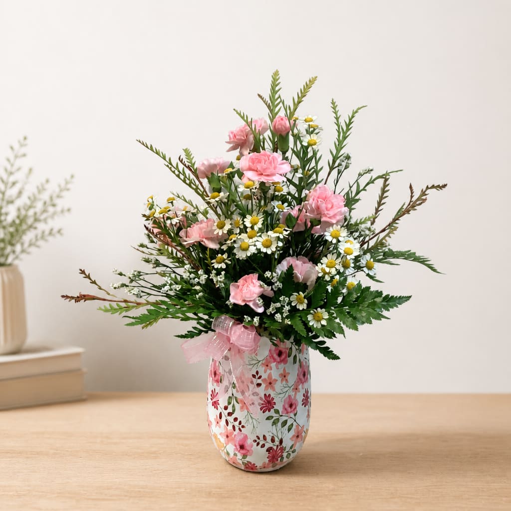 Pink carnations and white daisies in a floral vase with a pink ribbon
