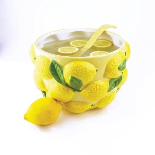 Lemon Punch Bowl &amp; Ladle - Crafted from durable ceramic, this 32-ounce bowl brings a cheerful pop of sunshine to any gathering with its vibrant yellow glaze and delightful textured lemon accents. Perfect for punch, cocktails, lemonade, or even a refreshing iced tea, it transforms everyday moments into a celebration.