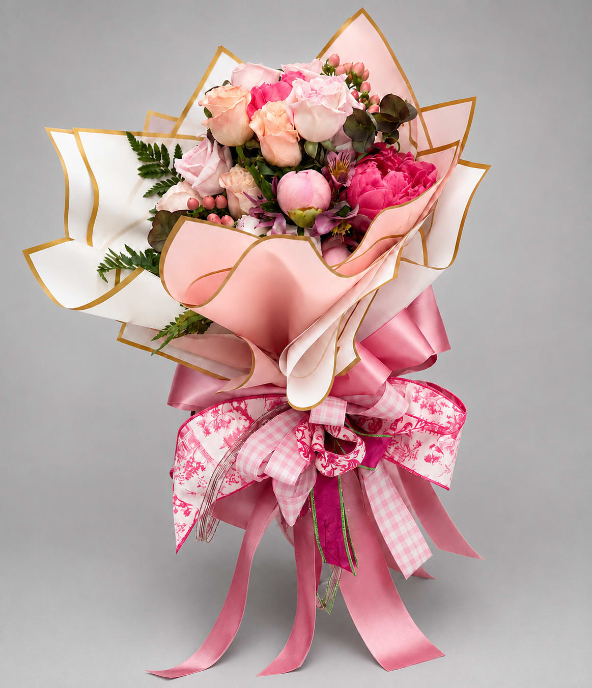 Pink and peach rose bouquet wrapped in layered pink paper with ribbons
