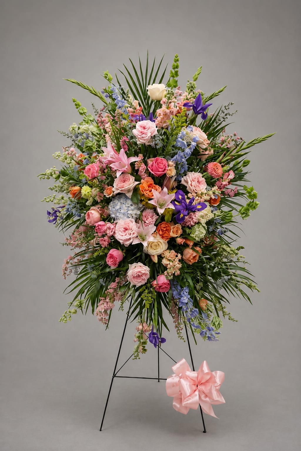 Large standing floral spray with pink, purple, and white blooms on a black easel